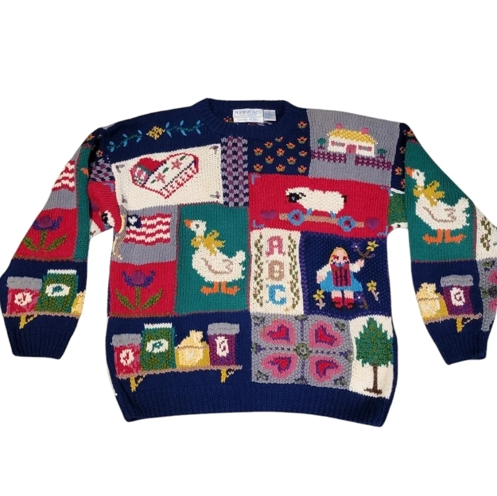 Vintage Northern Isles Hand Knit Granny Nursery Rhyme Patchwork Sweater SZ Large - Picture 11 of 11